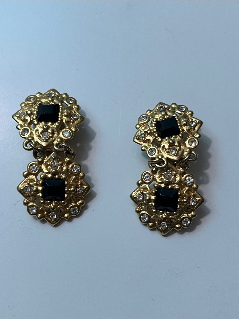 Gold and Black Statement Drop Earrings with Clear Accents - Clip Backs